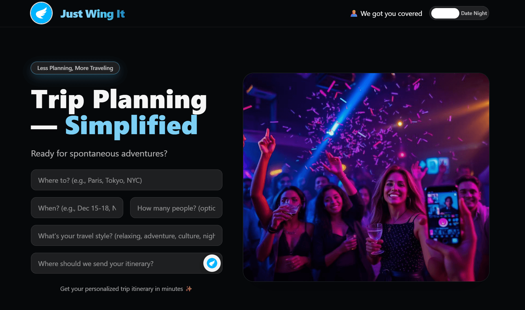 Just Wing It - AI-powered trip planning interface