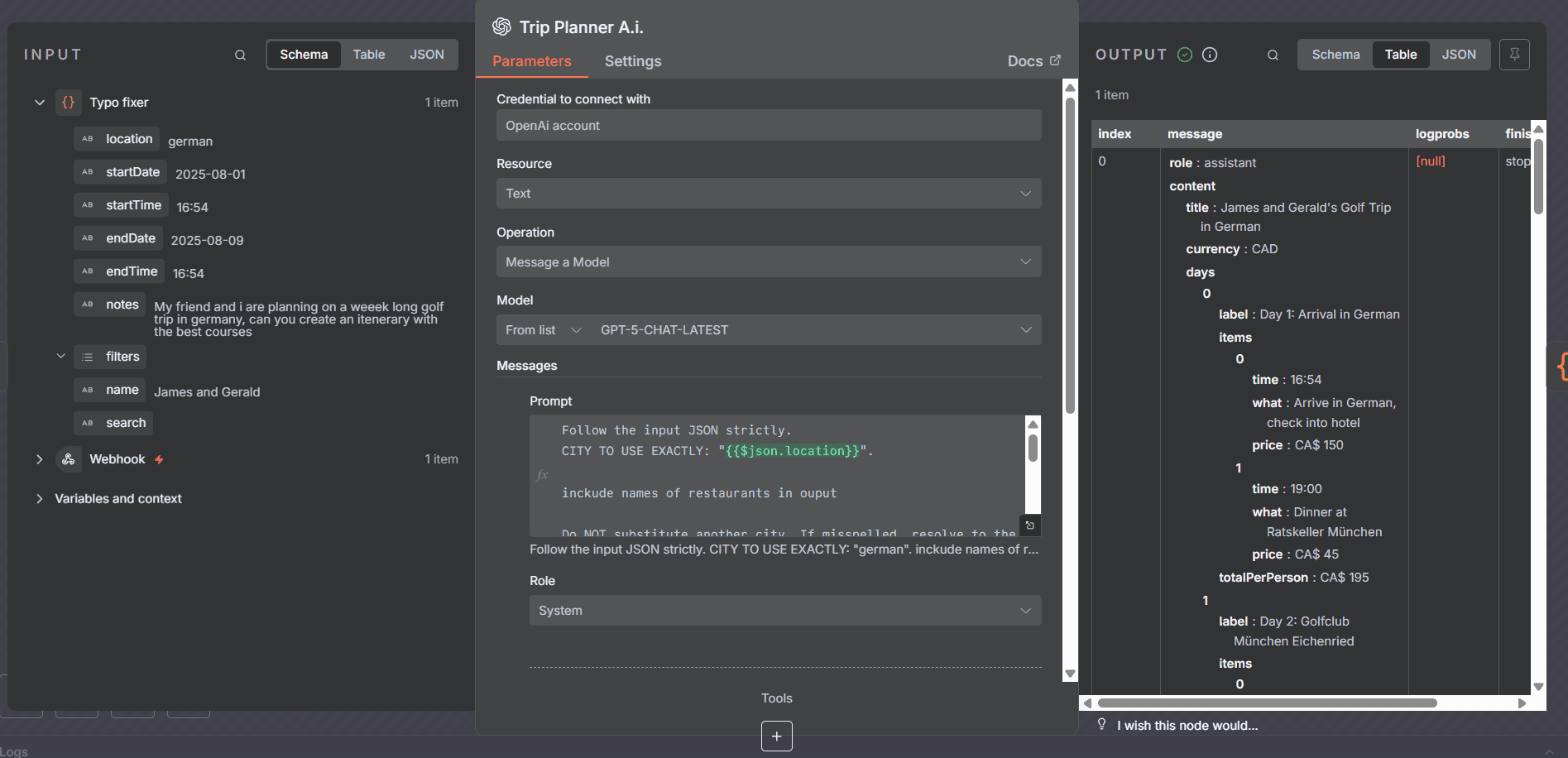 Trip Planner AI agent configuration